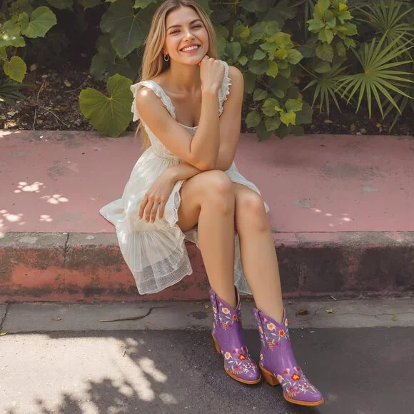 Women's Purple Flower Embroidered Ankle Cowgirl Boots Floral Snip Square Toe - Picture 3 of 6